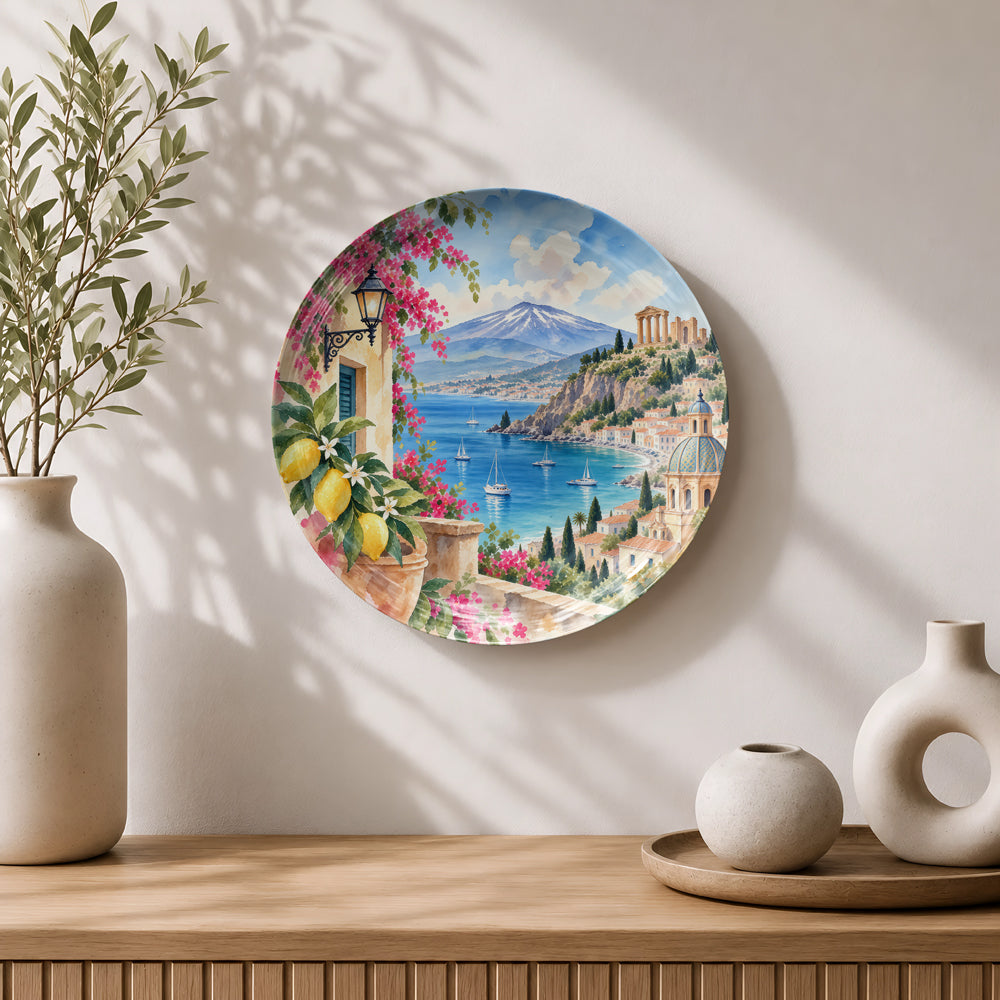 Sicily travel souvenir ceramic wall plate with blue sea, mountains, lemons and Mediterranean architecture