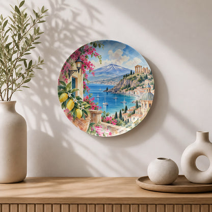Sicily travel souvenir ceramic wall plate with blue sea, mountains, lemons and Mediterranean architecture