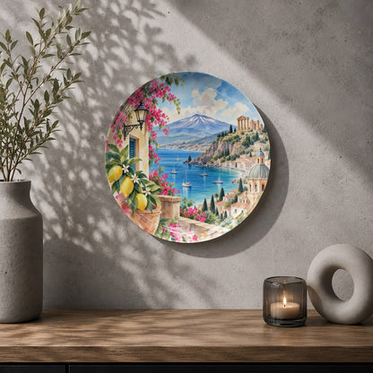 Mediterranean ceramic wall plate featuring coastal village, sailboats, bougainvillea and scenic landscape