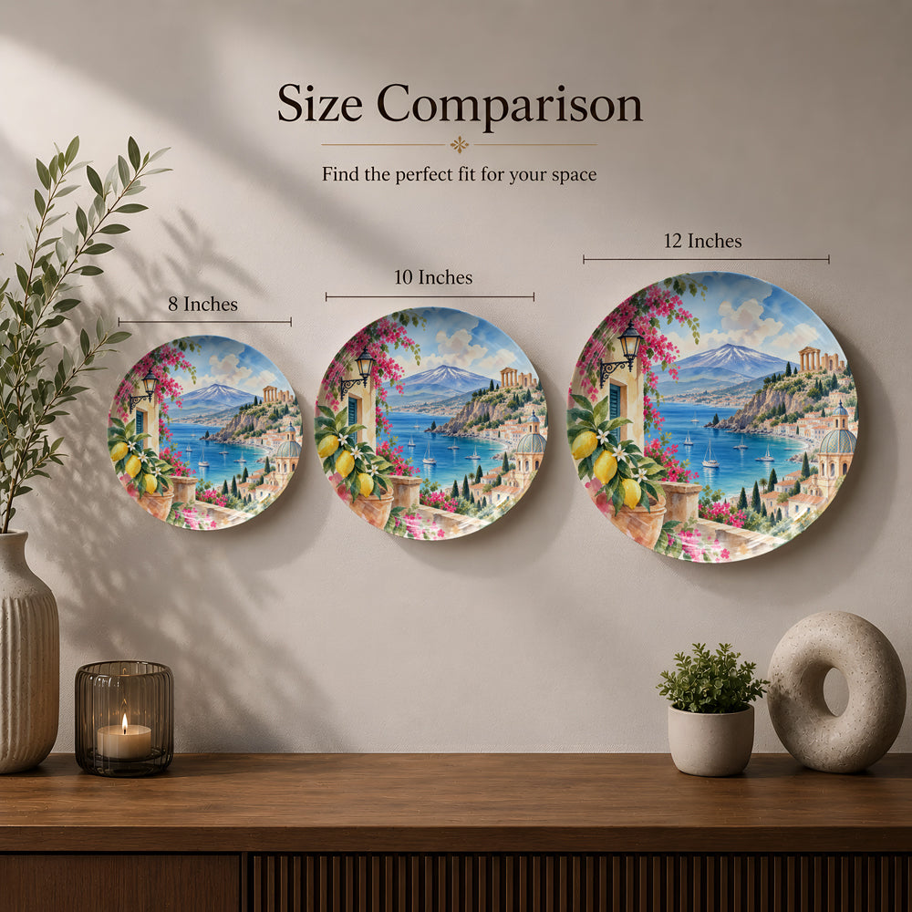 Premium Mediterranean ceramic wall plate featuring lemons, flowers, sea views and Italian-inspired architecture