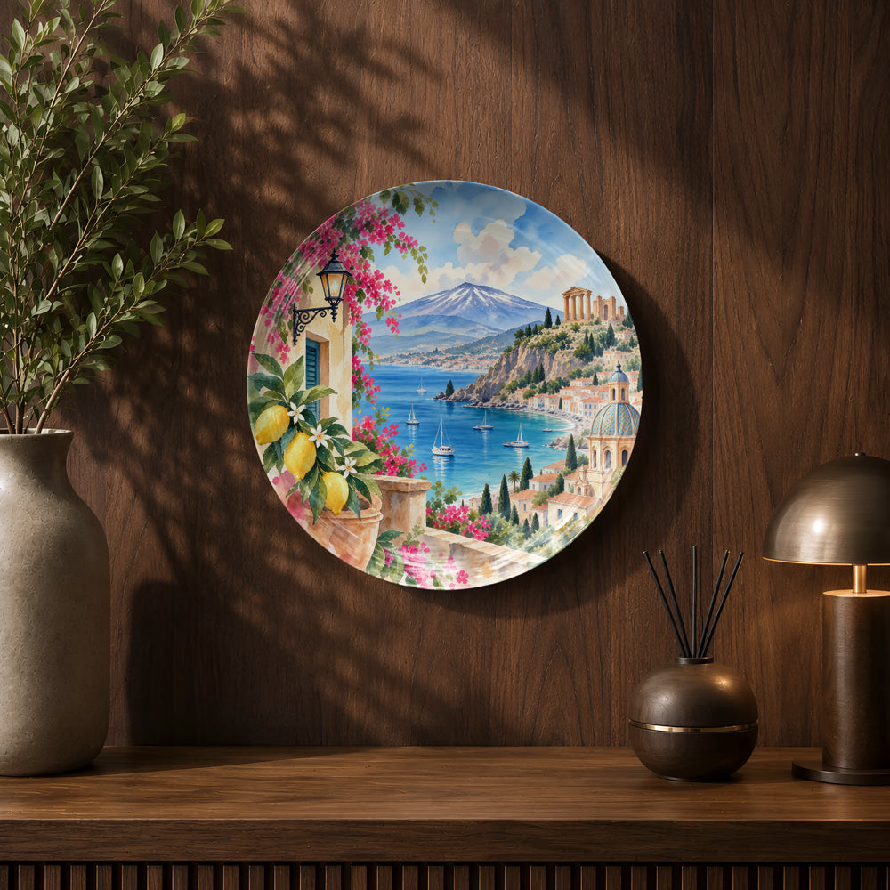 Italian travel art ceramic wall plate souvenir with premium gift box and scenic coastal artwork