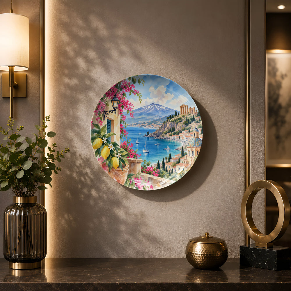 Lemon Skies of Sicily ceramic wall plate inspired by Italian coastal beauty and Mediterranean landscapes
