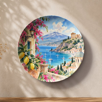 Lemon Skies of Sicily Mediterranean ceramic wall plate featuring coastal scenery and vibrant flowers