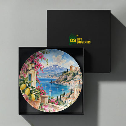 Sicily-inspired ceramic wall plate featuring Mediterranean coast, mountain landscape, lemons and colourful flowers