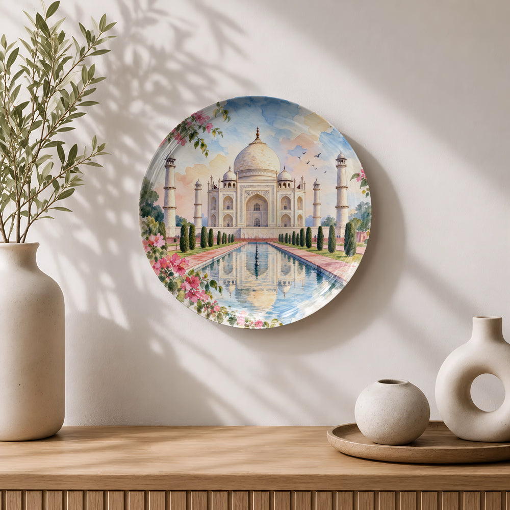 Taj Mahal ceramic wall plate souvenir with reflecting pool, gardens and elegant scenic artwork