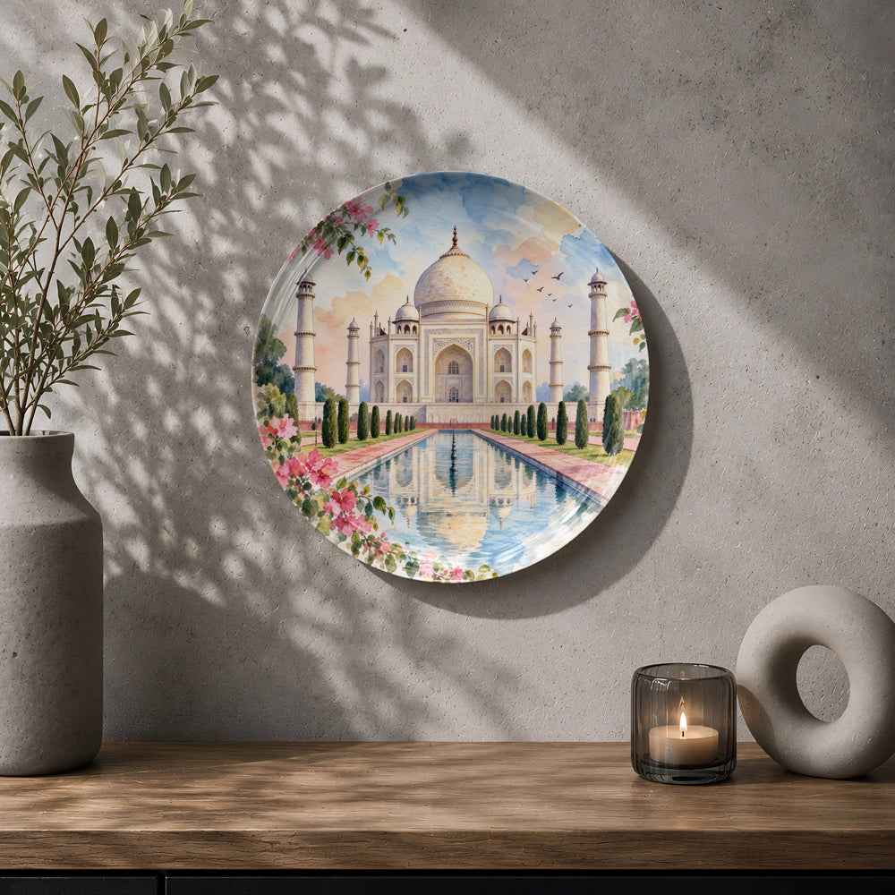Indian heritage ceramic wall plate featuring Taj Mahal, landscaped gardens and beautiful reflections