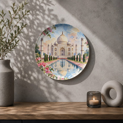 Indian heritage ceramic wall plate featuring Taj Mahal, landscaped gardens and beautiful reflections