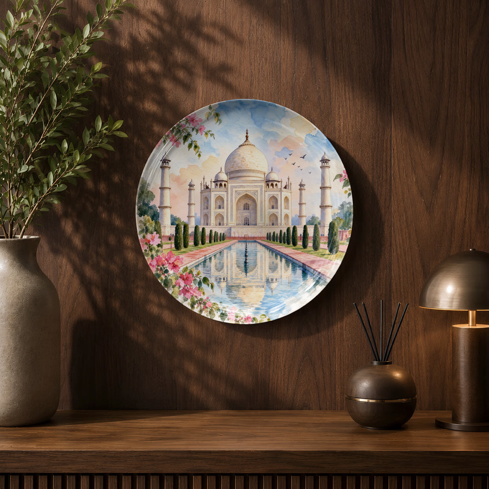 Taj Mahal Indian art ceramic wall plate souvenir with premium gift box and scenic artwork