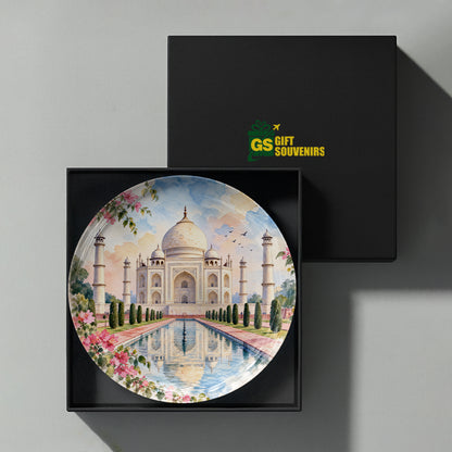 Taj Mahal ceramic wall plate featuring iconic monument, reflecting pool, gardens and floral details