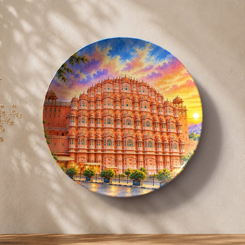 Pink City Glow Hawa Mahal Jaipur ceramic wall plate featuring the iconic pink façade at sunset