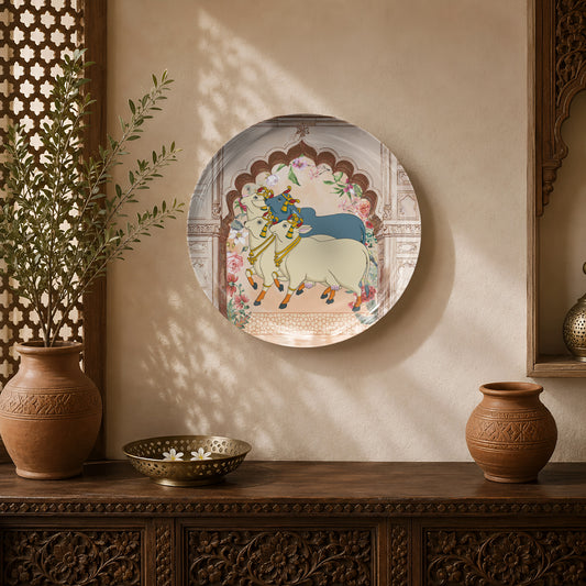 Sacred Meadows ceramic wall plate featuring Lord Krishna with sacred cows in traditional Pichwai-inspired artwork.