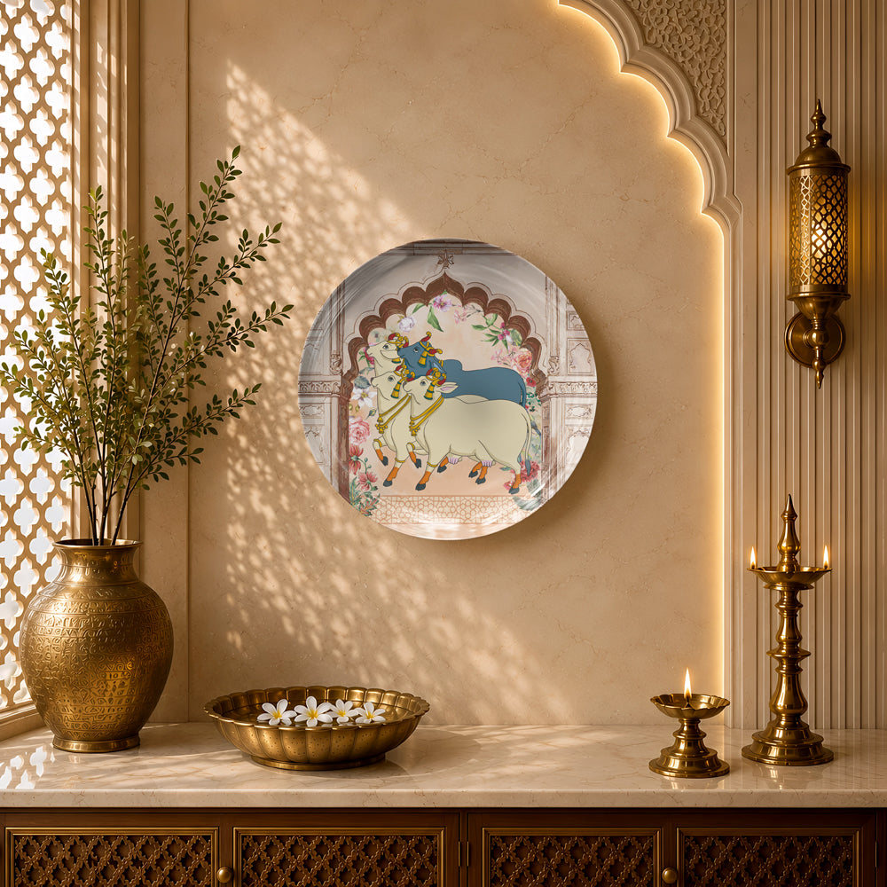 Indian Heritage Series ceramic wall plate showcasing Krishna with sacred cows in elegant Pichwai style.