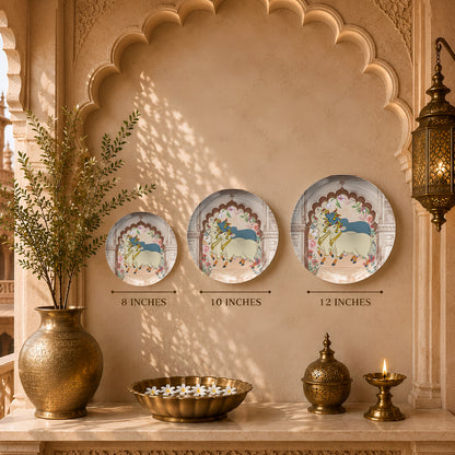 Traditional Pichwai-inspired ceramic wall décor celebrating Lord Krishna, sacred cows, and India's artistic heritage.