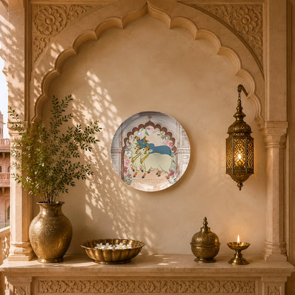 Museum-quality ceramic wall plate with Krishna and sacred cows, inspired by the timeless Pichwai painting tradition of Rajasthan.
