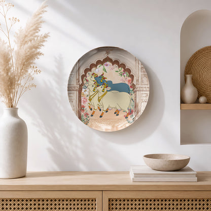 Premium Indian heritage ceramic wall plate featuring Krishna, sacred cows, floral motifs, and traditional palace architecture.