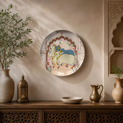 Premium ceramic wall plate inspired by Pichwai art depicting Lord Krishna and sacred cows beneath a Rajasthani floral arch.