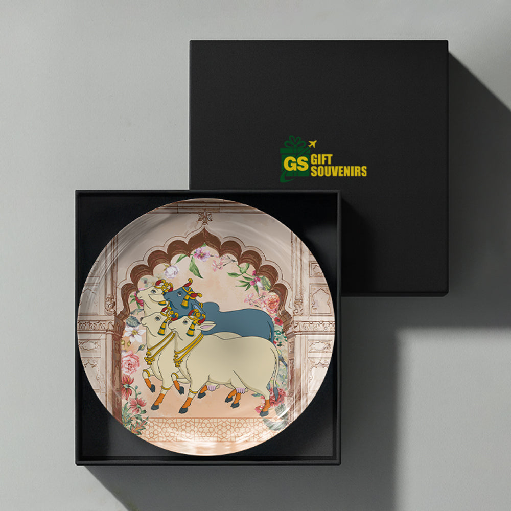 Sacred Meadows premium ceramic wall plate with Pichwai-inspired artwork, perfect for heritage interiors and spiritual home décor.