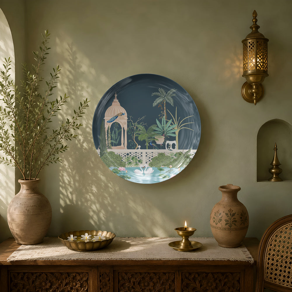Museum-quality ceramic wall plate celebrating India's royal garden traditions with elegant floral and architectural details.