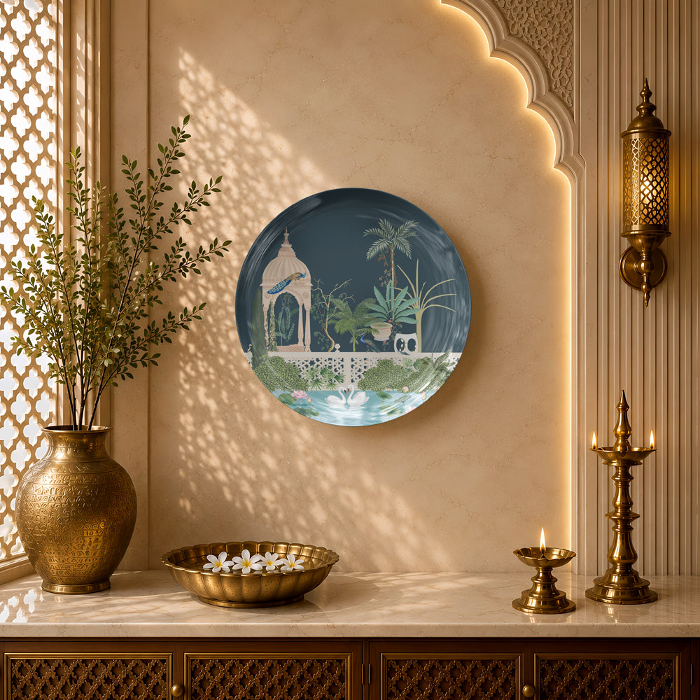 Indian Heritage Series ceramic wall plate showcasing a palace garden with peacocks, swans and lush greenery.