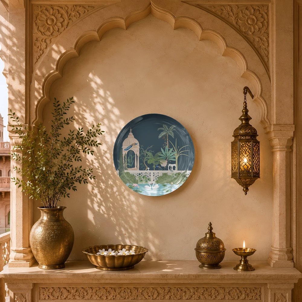 Luxury Indian heritage ceramic wall décor inspired by Mughal garden architecture and botanical landscapes.