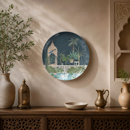 Premium ceramic wall plate inspired by India's royal gardens with elegant architecture and botanical artwork.