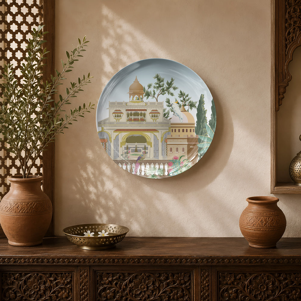 Regal Courtyard ceramic wall plate featuring a heritage Indian palace with elegant arches, domes and gardens.