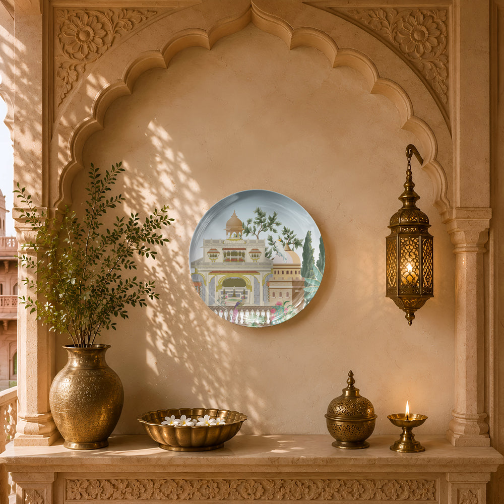 Luxury Indian heritage ceramic wall plate celebrating palace architecture, landscaped gardens and timeless craftsmanship.