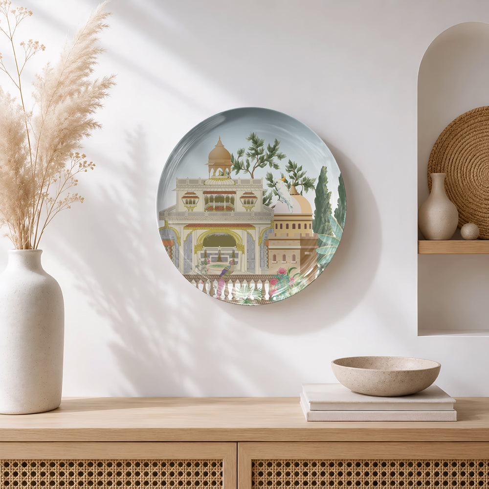Premium glossy ceramic wall décor depicting a regal Indian courtyard with domed pavilion and gardens.