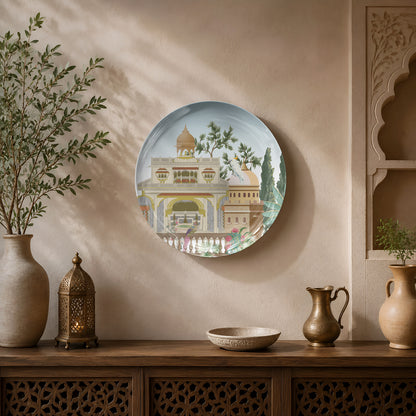 Premium ceramic wall plate inspired by Rajasthan palace architecture and royal courtyard gardens.