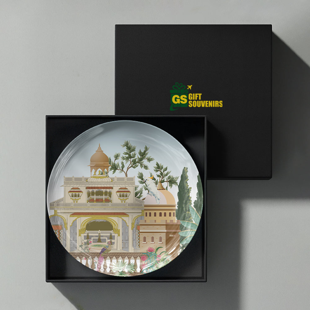 Regal Courtyard premium ceramic wall plate featuring elegant Indian palace architecture and heritage-inspired artwork.
