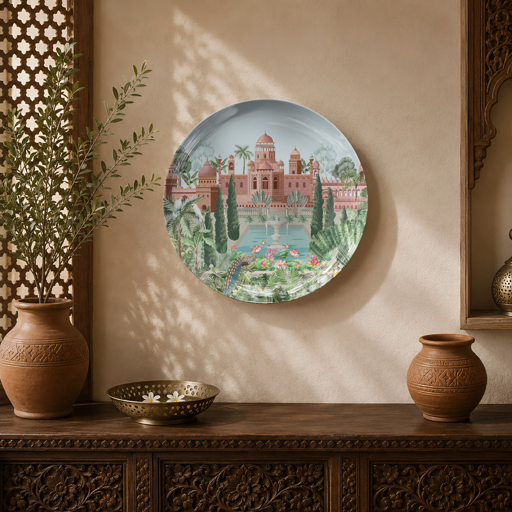 Imperial Gardens ceramic wall plate featuring a grand Indian palace surrounded by formal Mughal-style gardens.
