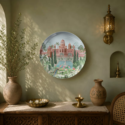 Museum-quality ceramic wall plate celebrating India's palace gardens with timeless architectural beauty.