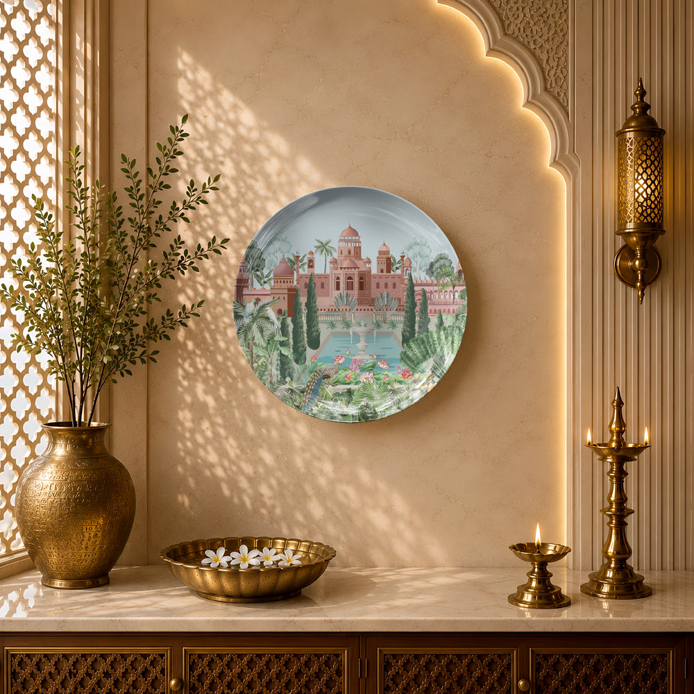Indian Heritage Series ceramic wall plate showcasing a majestic palace with elegant botanical landscapes.