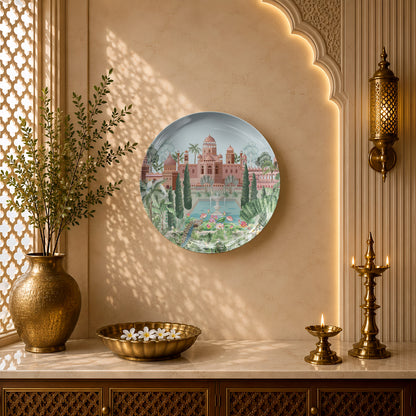 Indian Heritage Series ceramic wall plate showcasing a majestic palace with elegant botanical landscapes.