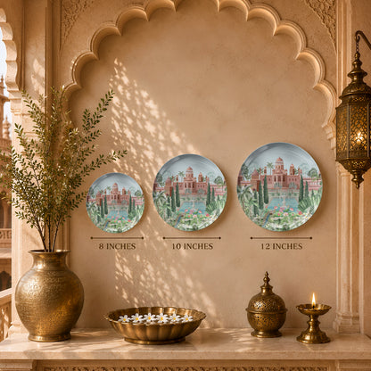 Decorative ceramic wall plate featuring royal Indian architecture, reflecting pools and formal gardens.