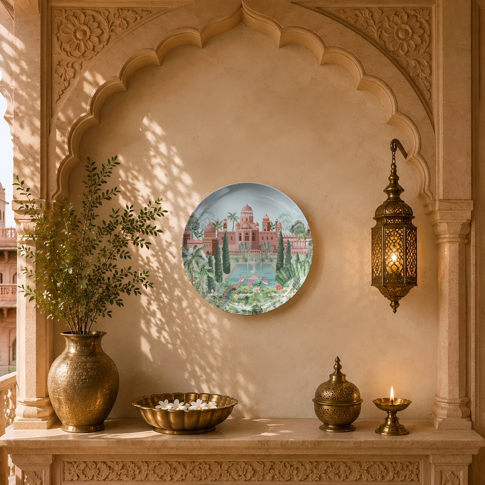 Luxury ceramic wall plate featuring a heritage Indian palace, cypress trees and tranquil water gardens.