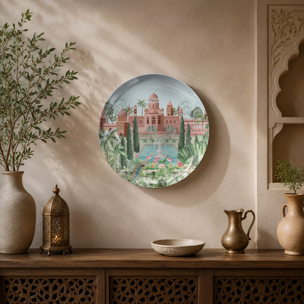 Premium ceramic wall plate inspired by India's royal palace gardens with reflecting pools and lush greenery.