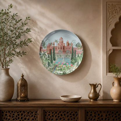 Premium ceramic wall plate inspired by India's royal palace gardens with reflecting pools and lush greenery.