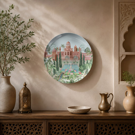 Premium ceramic wall plate inspired by India's royal palace gardens with reflecting pools and lush greenery.