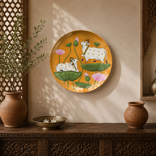 Lotus Pastures ceramic wall plate featuring sacred cows resting among blooming lotus flowers inspired by Pichwai art.