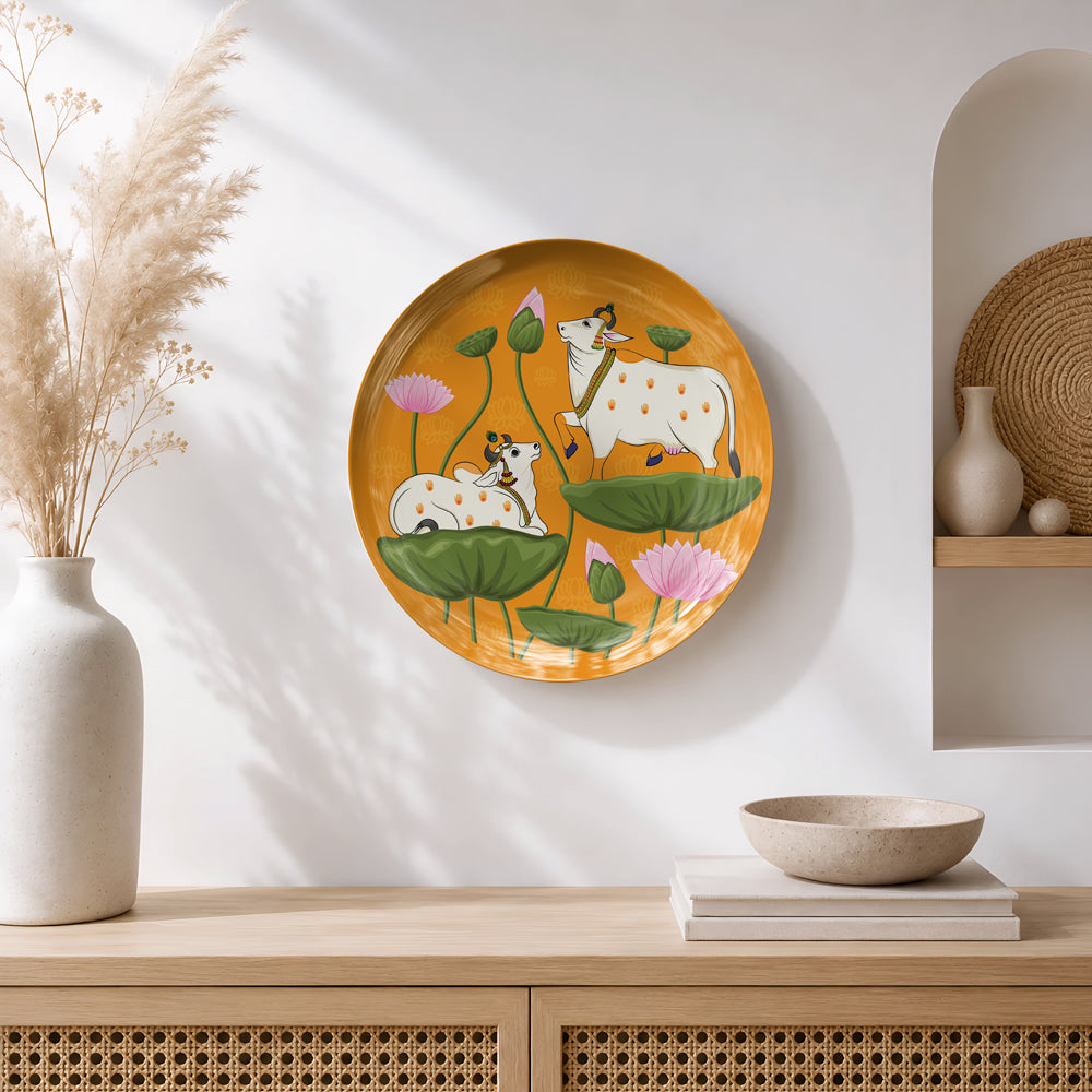 Premium glossy ceramic wall décor featuring sacred cows, lotus flowers and traditional Indian folk art.