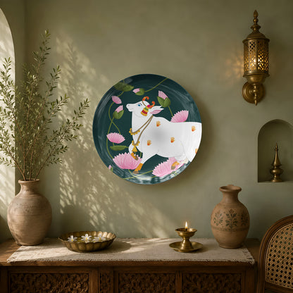 Premium ceramic wall plate inspired by Indian Pichwai paintings with a sacred cow and pink lotus blossoms.