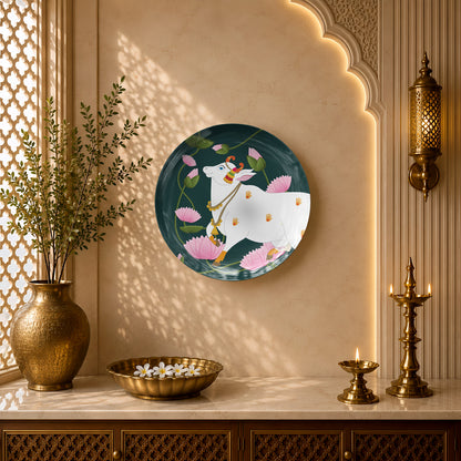 Indian Heritage Series ceramic wall plate showcasing a sacred cow against an emerald green background with lotus flowers.