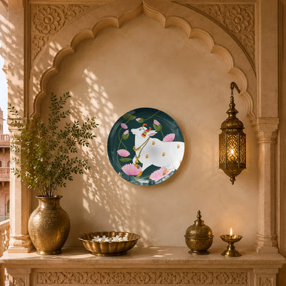 Premium glossy ceramic wall décor inspired by Pichwai art with a graceful sacred cow and lotus blooms.