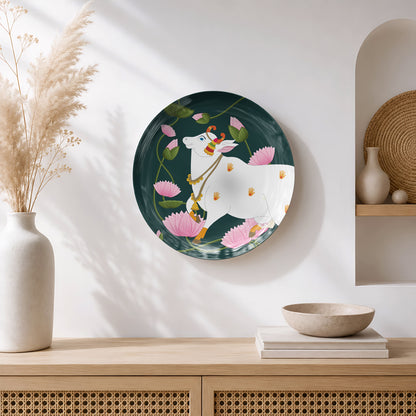 Luxury ceramic wall plate celebrating India's artistic heritage with sacred cow and lotus flower artwork.