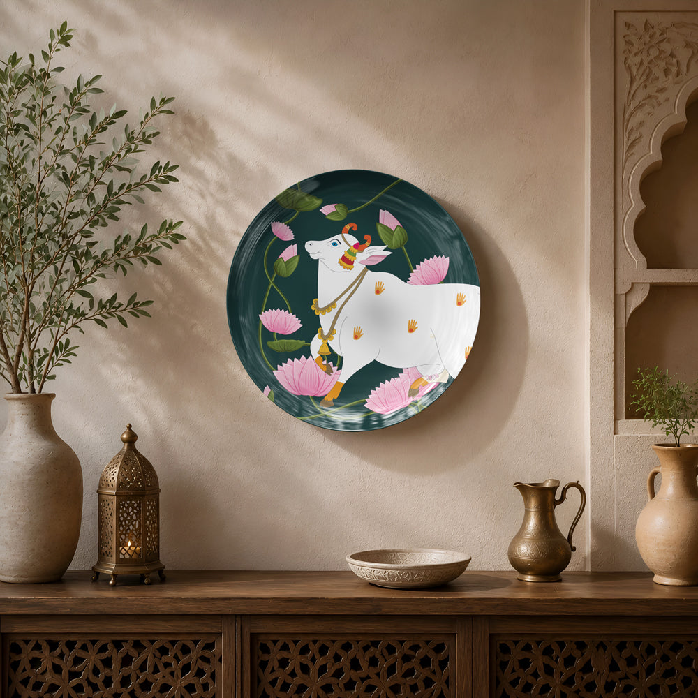 Ready-to-display ceramic wall plate featuring traditional Pichwai-inspired sacred cow illustration with lotus flowers.
