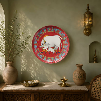 Premium glossy ceramic wall décor celebrating the sacred bond between mother cow and calf in Indian heritage.