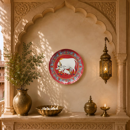 Ready-to-display ceramic wall plate showcasing sacred cow and calf artwork inspired by Indian devotional traditions.