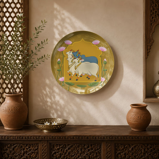 Sacred Companions ceramic wall plate featuring two sacred cows beneath a traditional arch inspired by Pichwai art.