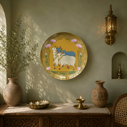Premium glossy ceramic wall décor celebrating Indian Pichwai art with sacred cows and floral symbolism.